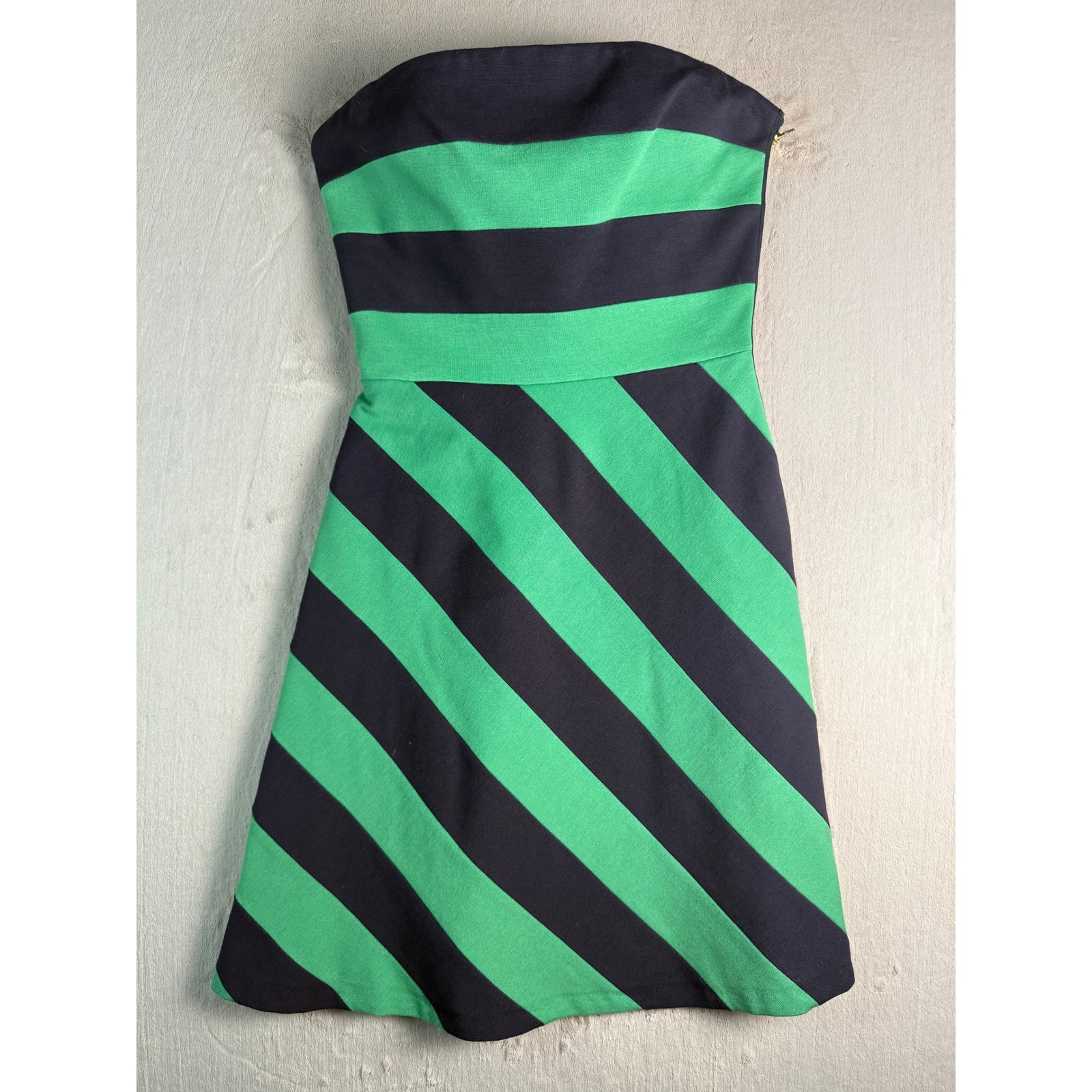 J.Crew Dress Womens 4 Green Navy Striped Strapless Fit Flare Mini Excellent